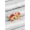 Pirinç Turuncu Mineli Çiçek Motifli Gold Renk Ayarlanabilir Kadın Yüzük
