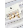 Pirinç Zirkon Taşlı Halka Model Gold Renk 3lü Çift Kadın Küpe Set