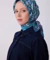Mavi Etnik Desen %100 Twill İpek Eşarp