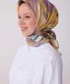 Sarı Obje Desen %100 Twill İpek Eşarp