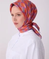 Mercan Çok Renkli Geometrik Desen %100 Twill İpek Eşarp