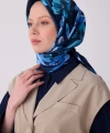 Lacivert Çiçek Desen %100 Twill İpek Eşarp