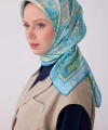 Mavi Etnik Desen %100 Twill İpek Eşarp