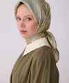 Yeşil Çok Renkli Etnik Desen %100 Twill İpek Eşarp