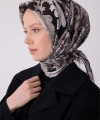 Siyah Etnik Desen %100 Twill İpek Eşarp