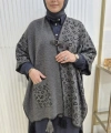LEOPAR DESEN Püskül Detaylı GRİ Triko Panço