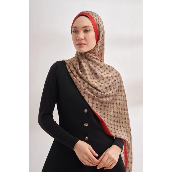 İTHAL VUAL MONOGRAM DESEN ŞAL - BEJ - KIRMIZI