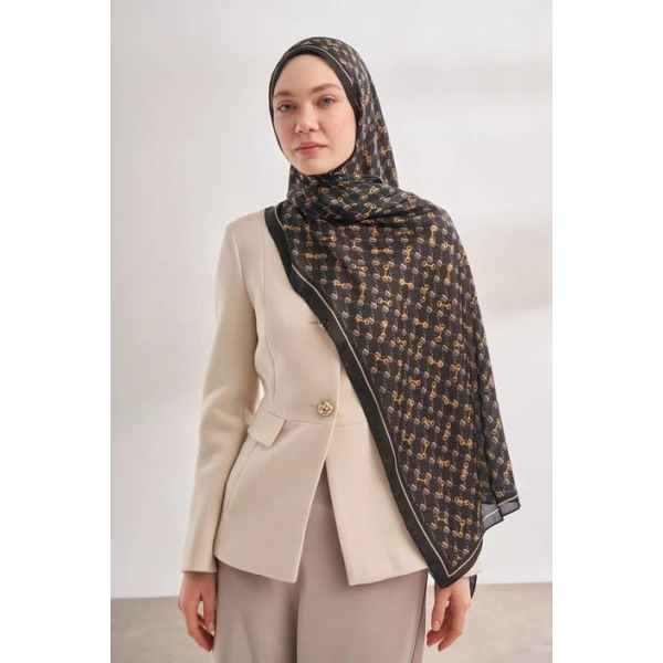 İTHAL VUAL MONOGRAM DESEN ŞAL - SİYAH-KREM