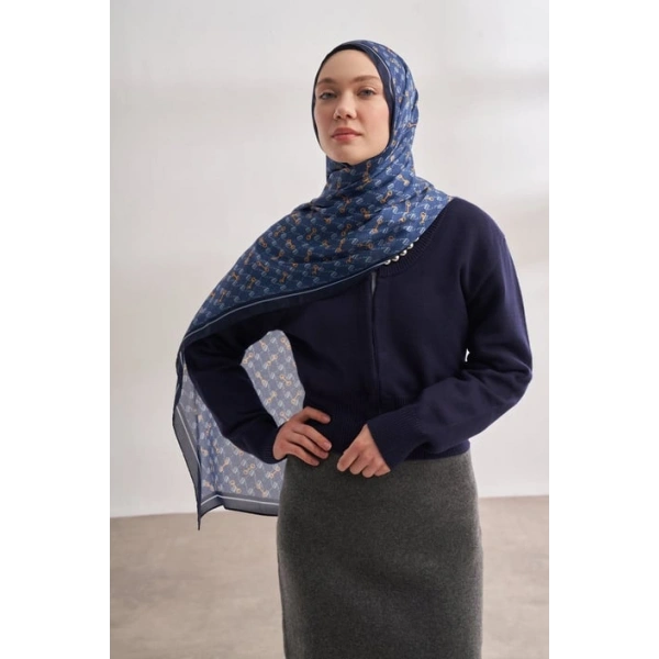 İTHAL VUAL MONOGRAM DESEN ŞAL - KOT MAVİSİ - BEBE MAVİSİ