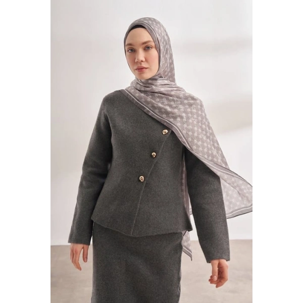 İTHAL VUAL MONOGRAM DESEN ŞAL - KOYU GRİ