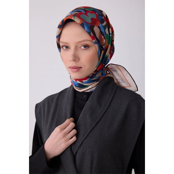 Kırmızı Çok Renkli Çiçek Desen %100 Twill İpek Eşarp