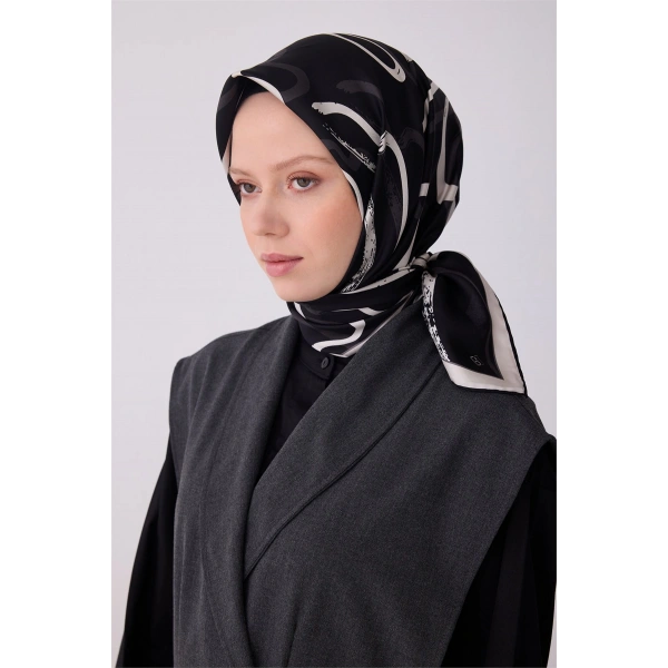 Siyah Soyut Desen %100 Twill İpek Eşarp