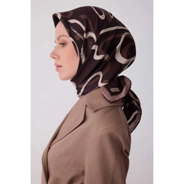 Kahverengi Soyut Desen %100 Twill İpek Eşarp