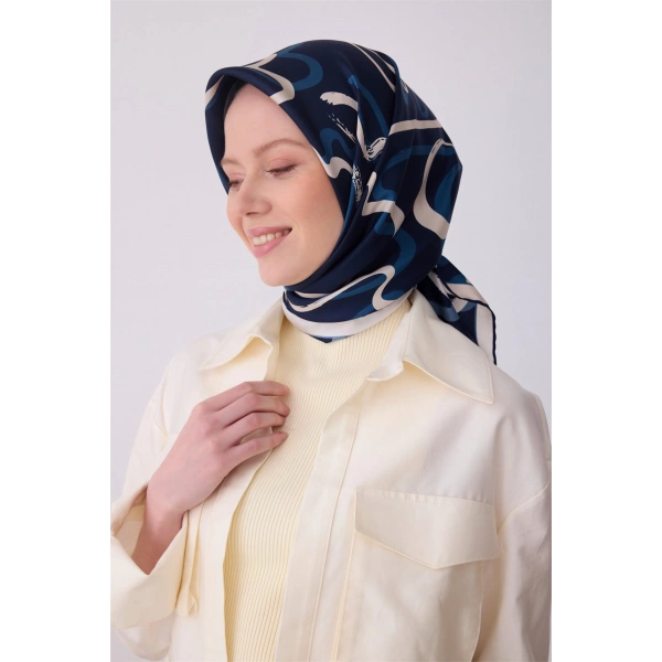 Lacivert Soyut Desen %100 Twill İpek Eşarp