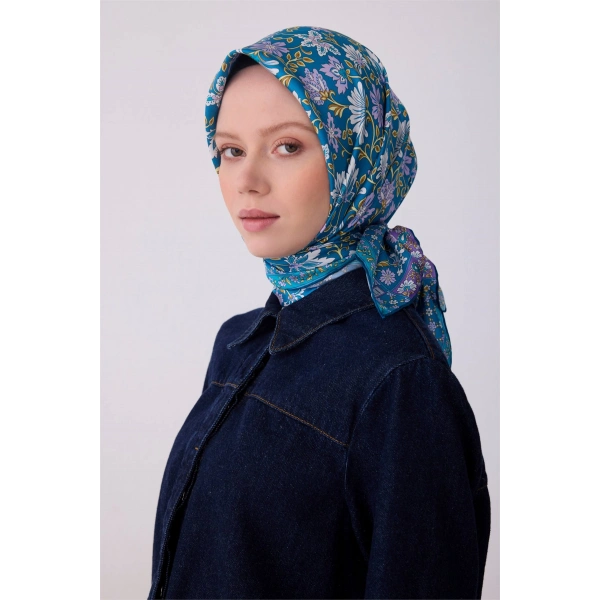 Mavi Etnik Desen %100 Twill İpek Eşarp