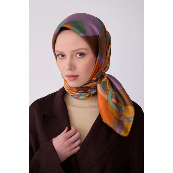 Mor Çok Renkli Obje Desen %100 Twill İpek Eşarp