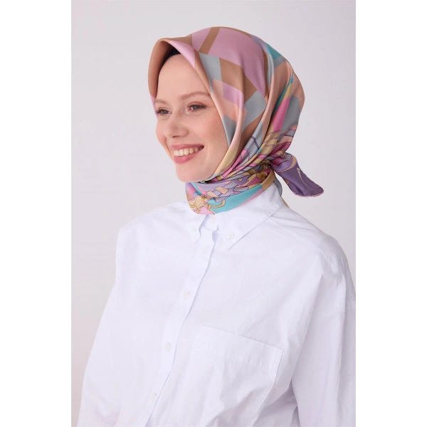Pembe Obje Desen %100 Twill İpek Eşarp