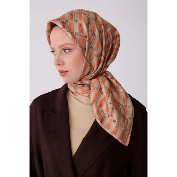 Kiremit Geometrik Desen %100 Twill İpek Eşarp