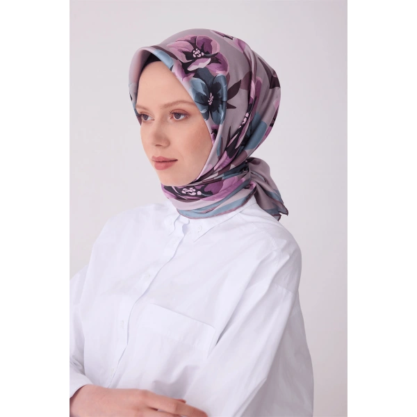Pembe Çok Renkli Çiçek Desen %100 Twill İpek Eşarp