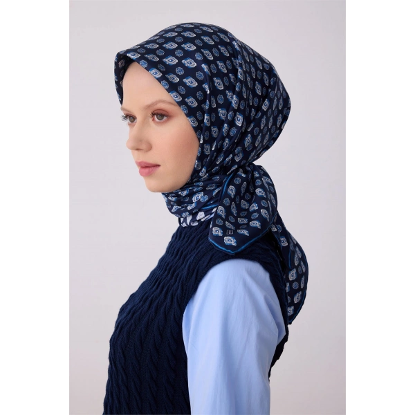 Lacivert Etnik Desen %100 Twill İpek Eşarp