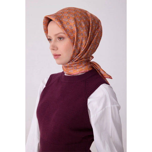 Oranj Etnik Desen %100 Twill İpek Eşarp