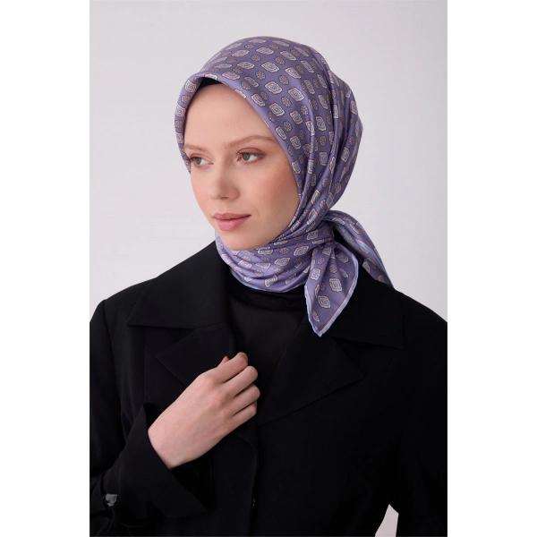 Lila Etnik Desen %100 Twill İpek Eşarp