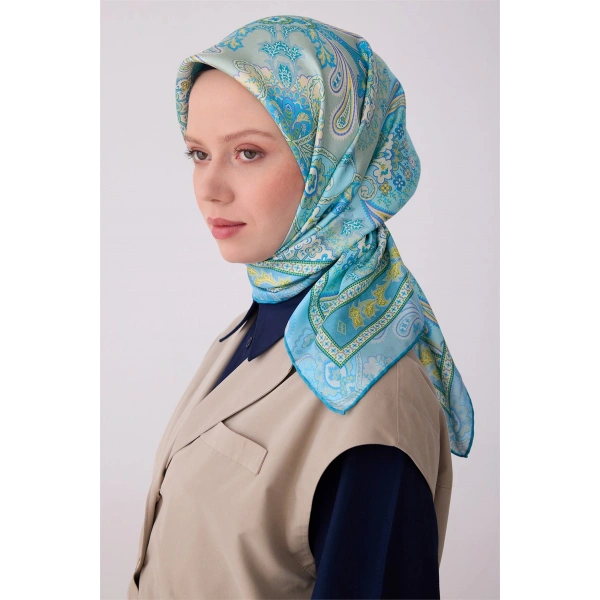 Mavi Etnik Desen %100 Twill İpek Eşarp