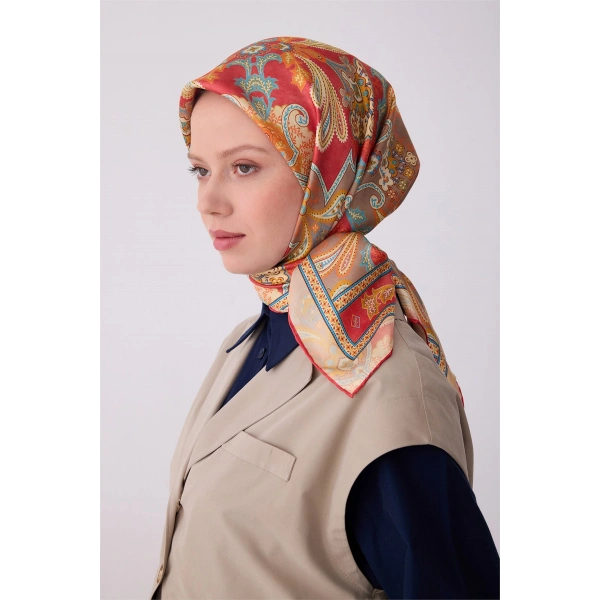 Kırmızı Etnik Desen %100 Twill İpek Eşarp