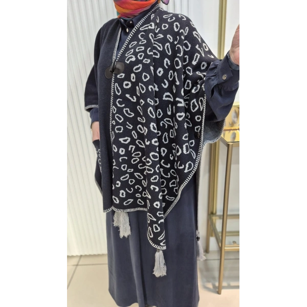 LEOPAR DESEN Püskül Detaylı LACİVERT Triko Panço
