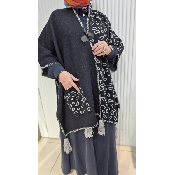 LEOPAR DESEN Püskül Detaylı LACİVERT Triko Panço