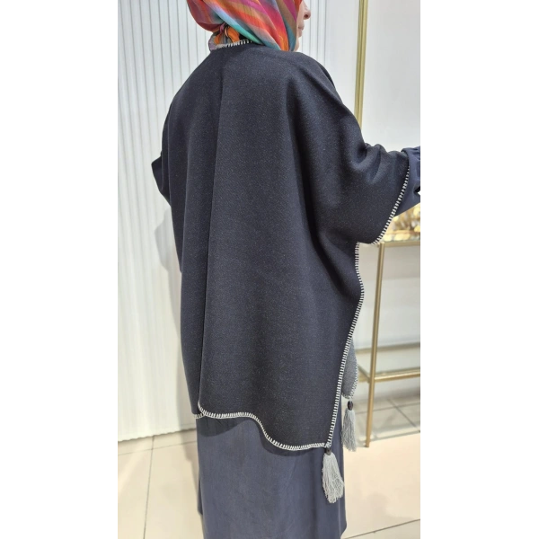 LEOPAR DESEN Püskül Detaylı LACİVERT Triko Panço