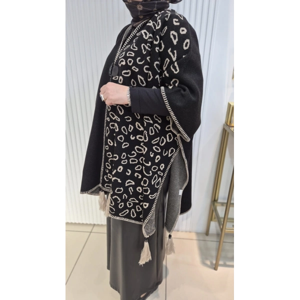 LEOPAR DESEN Püskül Detaylı SİYAH VİZON Triko Panço