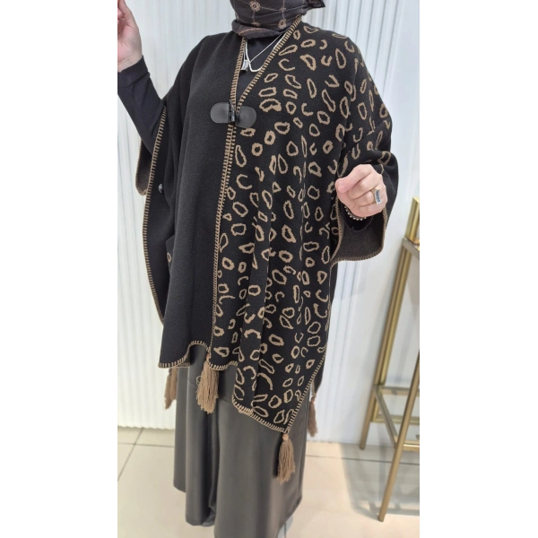 LEOPAR DESEN Püskül Detaylı SİYAH VİZON Triko Panço