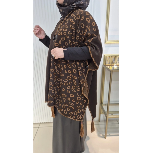 LEOPAR DESEN Püskül Detaylı ACI KAHVE Triko Panço