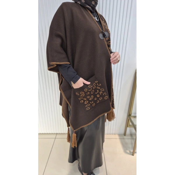 LEOPAR DESEN Püskül Detaylı ACI KAHVE Triko Panço