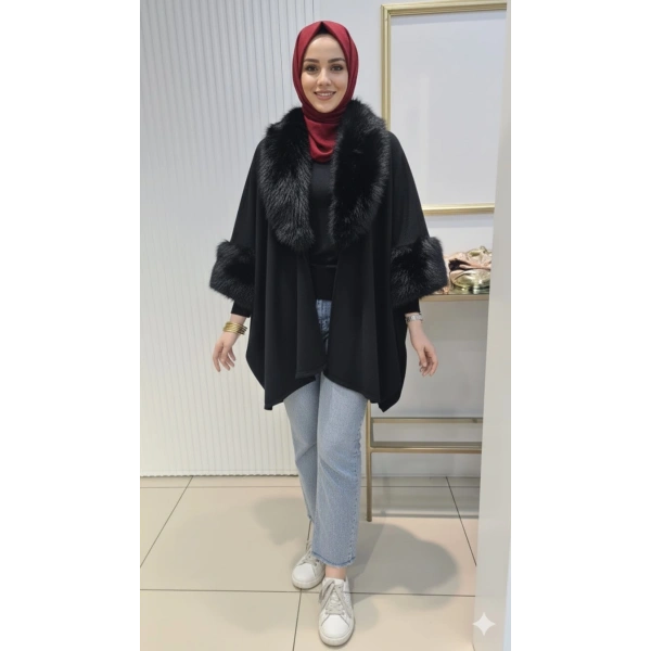 KÜRK YAKALI İTHAL SİYAH TRİKO PANÇO