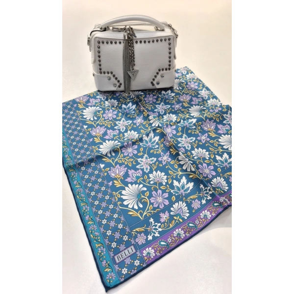 BELLİ Mavi Etnik Desen %100 Twill İpek Eşarp