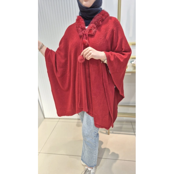 KÜRKLÜ PAŞMİNA PANÇO KIRMIZI