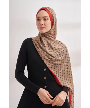 İTHAL VUAL MONOGRAM DESEN ŞAL - BEJ - KIRMIZI