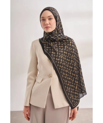 İTHAL VUAL MONOGRAM DESEN ŞAL - SİYAH-KREM