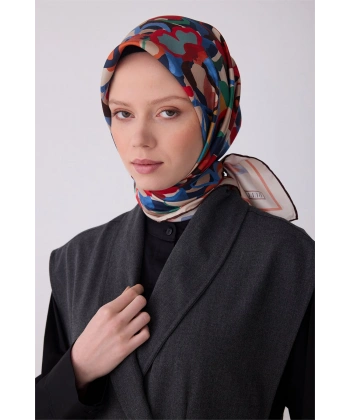 Kırmızı Çok Renkli Çiçek Desen %100 Twill İpek Eşarp