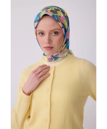 Sarı Çiçek Desen %100 Twill İpek Eşarp
