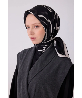 Siyah Soyut Desen %100 Twill İpek Eşarp