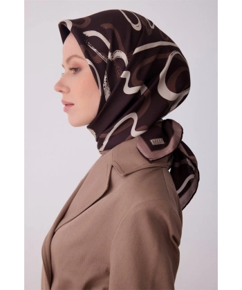 Kahverengi Soyut Desen %100 Twill İpek Eşarp