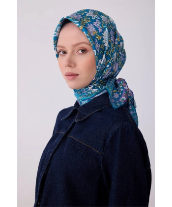 Mavi Etnik Desen %100 Twill İpek Eşarp