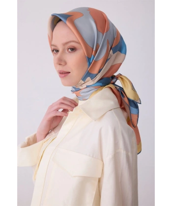 Mavi Çok Renkli Çiçek Desen %100 Twill İpek Eşarp