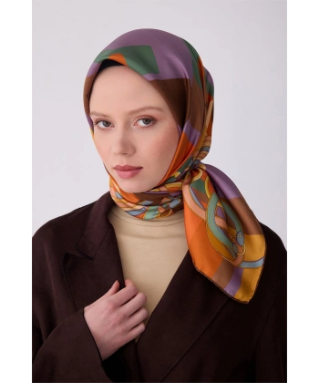 Mor Çok Renkli Obje Desen %100 Twill İpek Eşarp