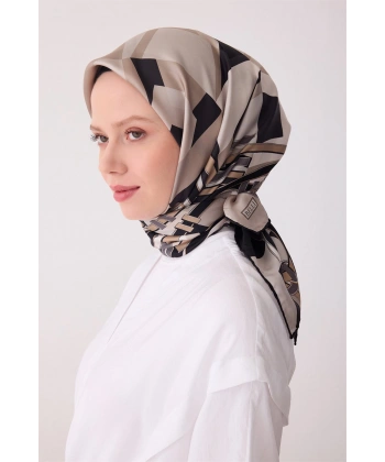 Bej Obje Desen %100 Twill İpek Eşarp