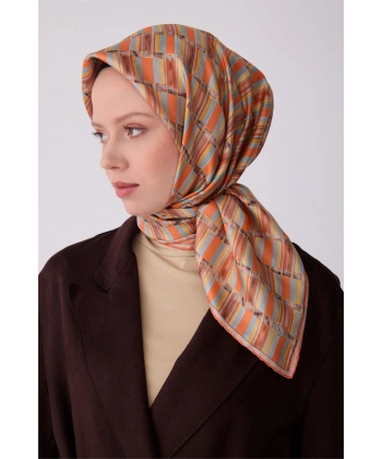 Kiremit Geometrik Desen %100 Twill İpek Eşarp