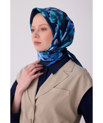 Lacivert Çiçek Desen %100 Twill İpek Eşarp